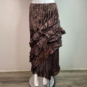 Surrealist Brown Crinkle Tiered Velvet Maxi Skirt
